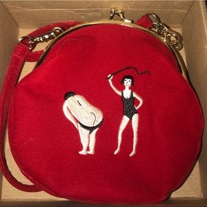 Red embroidered Domme Goth Velvety clutch w/ strap